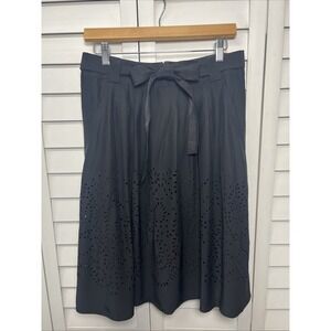 Elie Tahari 100% Silk Pleated Laser Cut Belted A-Line Skirt Size 8 Black